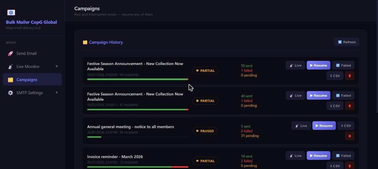 Campaign history page listing past and interrupted campaigns with sent, failed and pending counts and a Resume button on each