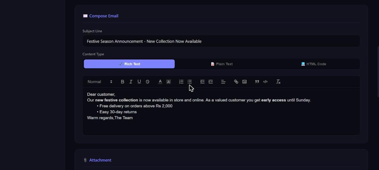 Compose Email screen with subject line, Rich Text / Plain Text / HTML mode switch, and a formatted message
