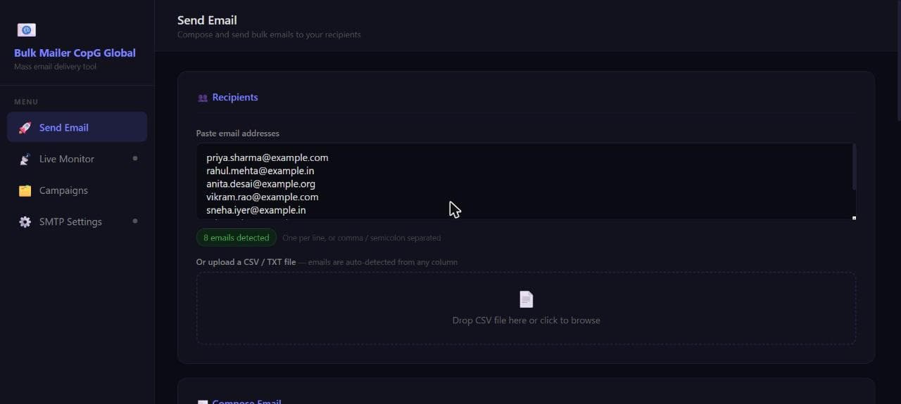 Recipients screen with pasted email addresses, an '8 emails detected' chip, and a CSV drop zone