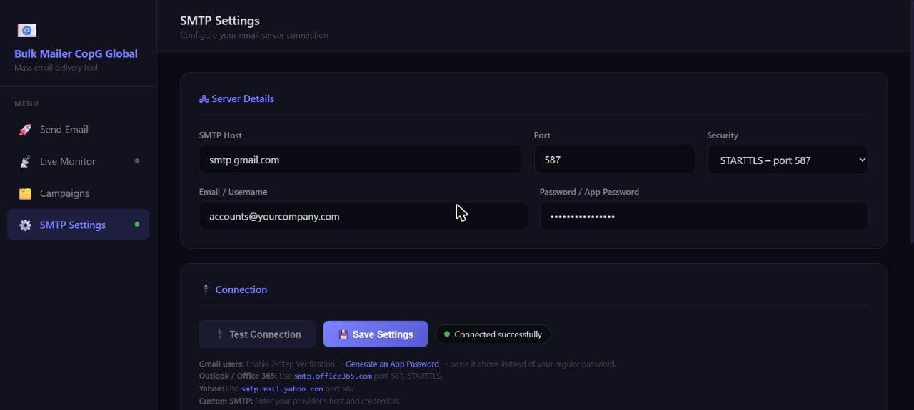 SMTP Settings screen showing host, port, security, credentials and a 'Connected successfully' status
