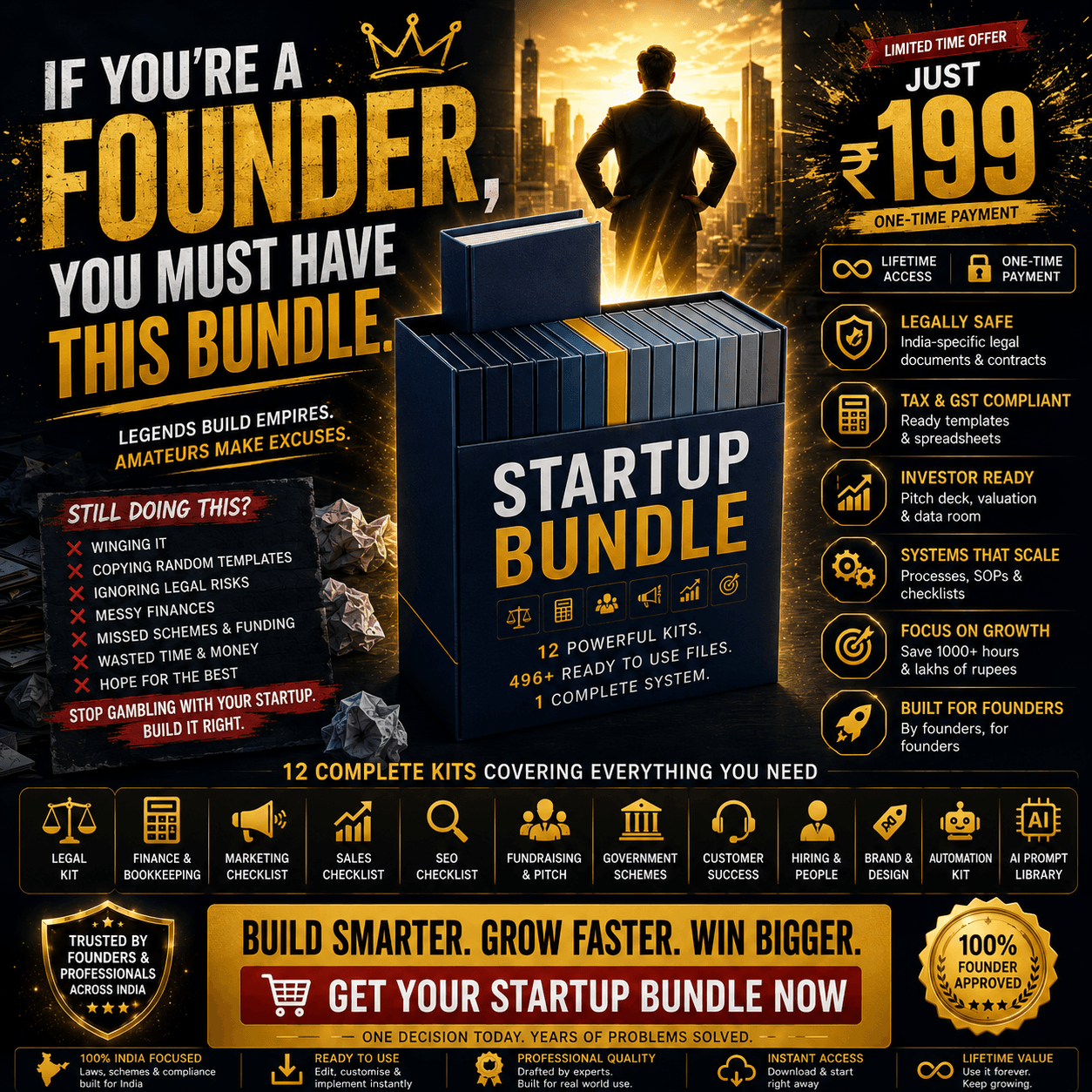 The Startup Operations Bundle — 12 kits covering legal, finance, marketing, sales, SEO, fundraising, government schemes, customer success, hiring, brand, automation and AI prompts, at ₹199